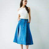 box pleated denim skirt.