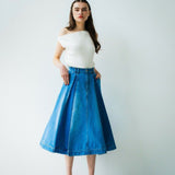 box pleated denim skirt.