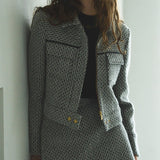 Leather combination tweed jacket