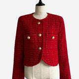 gold button check tweed jacket