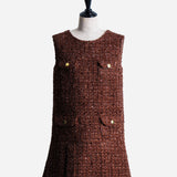 gold button box pleated tweed dress