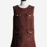 gold button box pleated tweed dress