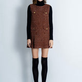 gold button box pleated tweed dress