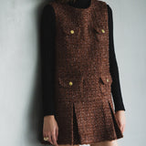 gold button box pleated tweed dress