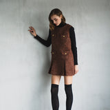 gold button box pleated tweed dress