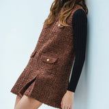 gold button box pleated tweed dress