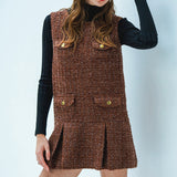 gold button box pleated tweed dress