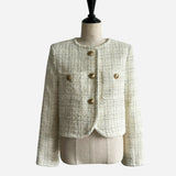 gold button check tweed jacket