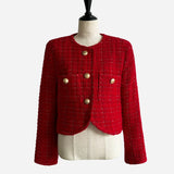 gold button check tweed jacket